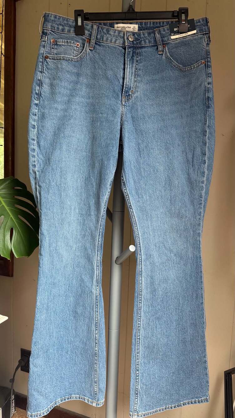 Abercrombie & Fitch Curve Love Mid Rise Bootcut Jeans Embroidered Boot Detail